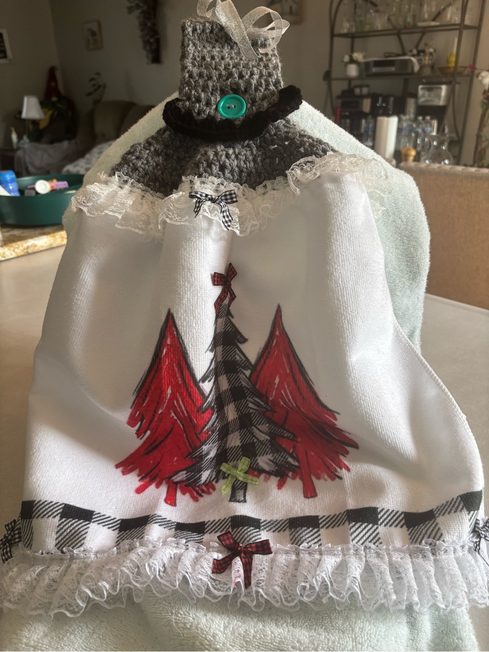Handcrafted White Kitchen Towel with Red Tree Design and Crochet Top homemade
